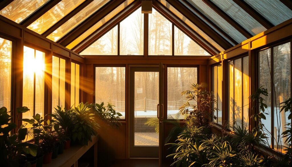 A cozy greenhouse bathed in warm, golden sunlight streaming through large, angled windows. The structure is carefully oriented to maximize passive solar gain, with a south-facing facade and strategic glazing to channel the sun's energy deep inside. Lush, verdant plants thrive under the natural illumination, casting soft shadows across the interior. The greenhouse's design seamlessly integrates form and function, creating an inviting, sunlit oasis shielded from the harsh winter winds beyond.