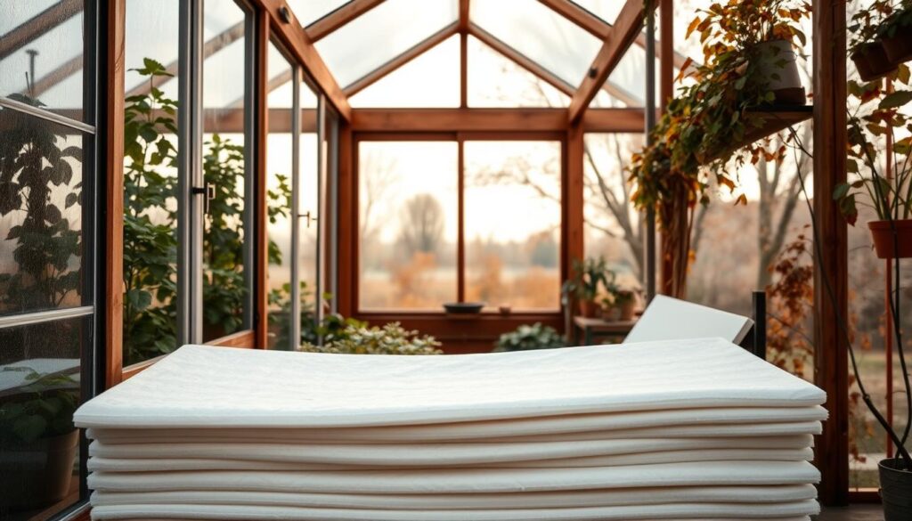 A cozy greenhouse in the foreground, its glass panels glistening in the soft, diffused light. Inside, a variety of leafy plants thrive, their vibrant colors contrasting against the wooden beams and shelving. In the middle ground, a stack of insulation panels leans against the wall, ready to be installed as a quick, low-cost solution to reduce heat loss. The background depicts a serene, autumnal landscape, with trees shedding their leaves and a gentle breeze blowing. The overall scene conveys a sense of calm practicality, where simple, effective measures can help maintain a greenhouse's warmth and productivity during the colder months. A cozy greenhouse in the foreground, its glass panels glistening in the soft, diffused light. Inside, a variety of leafy plants thrive, their vibrant colors contrasting against the wooden beams and shelving. In the middle ground, a stack of insulation panels leans against the wall, ready to be installed as a quick, low-cost solution to reduce heat loss. The background depicts a serene, autumnal landscape, with trees shedding their leaves and a gentle breeze blowing. The overall scene conveys a sense of calm practicality, where simple, effective measures can help maintain a greenhouse's warmth and productivity during the colder months.