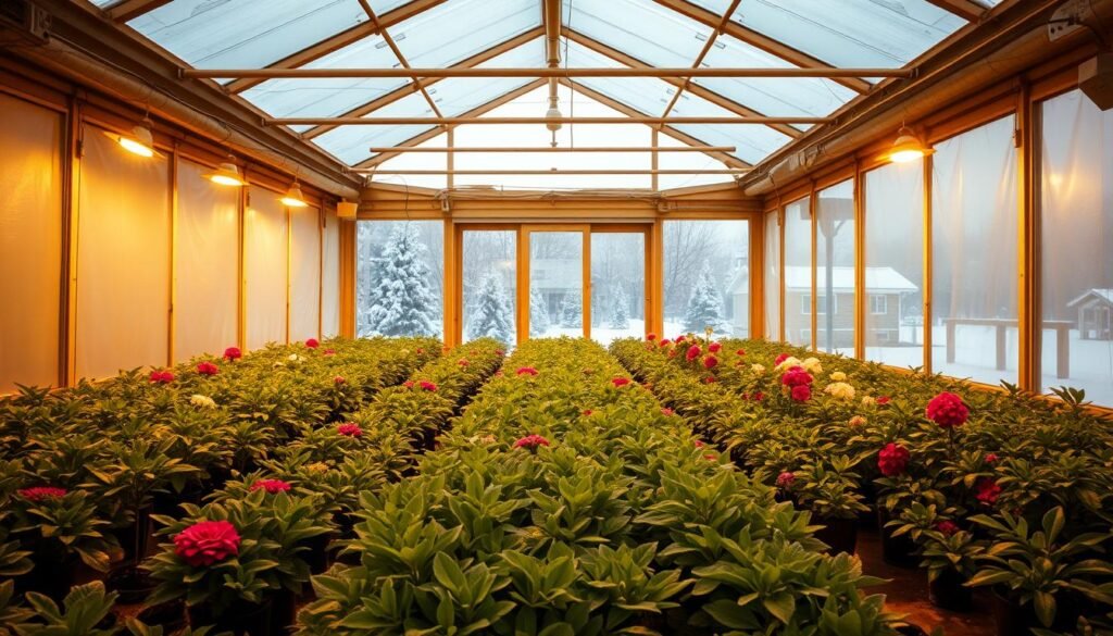 A cozy greenhouse interior in the midst of a snowy winter landscape. In the foreground, lush green foliage and vibrant blooms thrive under the warm glow of strategically placed grow lights, casting a soft, diffused light throughout the space. The middle ground features neatly organized rows of thriving plants, their leaves gently swaying as a gentle breeze circulates the air. In the background, large panoramic windows offer a breathtaking view of a snow-covered outdoor scene, the contrast between the warm, humid interior and the frigid, wintry exterior creating a sense of sanctuary and protection. The overall mood is one of comfort, productivity, and resilience in the face of harsh seasonal conditions.