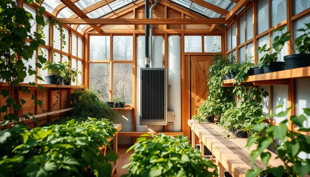 A cozy greenhouse interior, with sunlight streaming through insulated glass panels. In the foreground, lush plants and vines thrive, their verdant foliage contrasted by the warm, earthy tones of the wooden benches and shelves. The middle ground features a central heating system, its sleek design blending seamlessly with the greenhouse's rustic aesthetic. In the background, the walls are lined with thick, high-quality insulation, trapping the heat and maintaining a stable, comfortable temperature, even in the harshest of winter conditions. The overall atmosphere is one of tranquility and productivity, with a sense of thermal efficiency and environmental harmony.