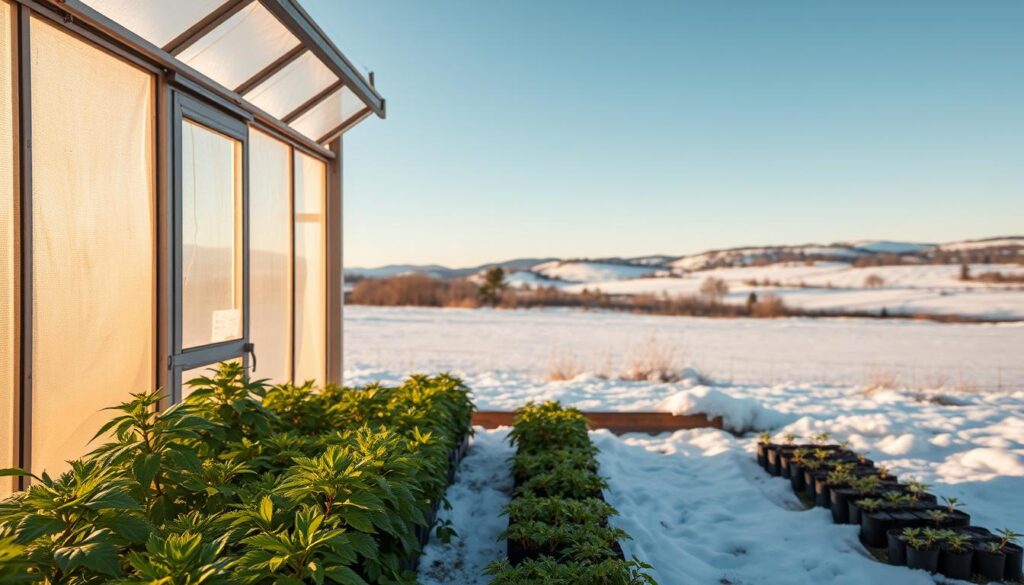 A cozy greenhouse nestled in a snowy landscape, bathed in warm, natural light filtering through the glass panes. In the foreground, a mix of lush, thriving plants and seedlings carefully tended to, their vibrant foliage contrasting against the soft, white blanket of snow outside. The middle ground showcases a well-insulated greenhouse structure, its sturdy frame and insulation panels keeping the interior temperature comfortable even in the harshest winter. In the background, a scenic view of rolling hills and a clear, blue sky, reinforcing the sense of a protected, tranquil oasis. The overall atmosphere conveys a harmonious balance between the greenhouse's interior and the outside environment, showcasing effective winter-proofing strategies.