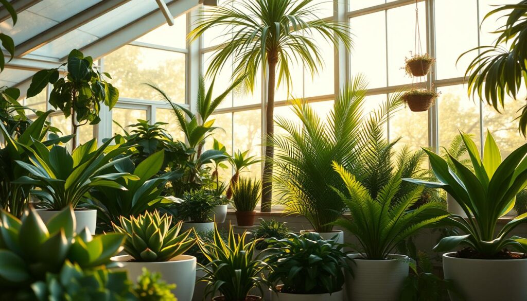 A cozy, sunlit indoor greenhouse showcasing a lush arrangement of light-loving houseplants. In the foreground, a mix of verdant succulents, ferns, and tropical foliage arranged in minimalist white planters. In the middle ground, a tall, slender palm tree towers above, its fronds gently swaying. The background features large, west-facing windows bathed in warm, golden light, creating a serene, nature-filled atmosphere. The lighting is soft and diffused, with a slight vignette effect to draw the eye inward. The camera angle is slightly elevated, allowing the viewer to appreciate the harmonious composition and tranquil mood of this indoor oasis. A cozy, sunlit indoor greenhouse showcasing a lush arrangement of light-loving houseplants. In the foreground, a mix of verdant succulents, ferns, and tropical foliage arranged in minimalist white planters. In the middle ground, a tall, slender palm tree towers above, its fronds gently swaying. The background features large, west-facing windows bathed in warm, golden light, creating a serene, nature-filled atmosphere. The lighting is soft and diffused, with a slight vignette effect to draw the eye inward. The camera angle is slightly elevated, allowing the viewer to appreciate the harmonious composition and tranquil mood of this indoor oasis.