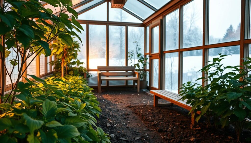 A cozy, warmly lit greenhouse set against a snowy winter landscape. The foreground features lush, verdant plants thriving under the glow of energy-efficient LED grow lights, their leaves casting intricate shadows on the dirt floor. In the middle ground, a simple wooden bench invites visitors to sit and appreciate the contrast between the greenhouse's tropical oasis and the chilly outdoors beyond the glass walls. The background shows a gently falling snow, the flakes catching the warm light and adding a sense of tranquility to the scene. The overall atmosphere conveys the success of an off-grid heating solution, keeping this greenhouse productive and comfortable even in the depths of winter. A cozy, warmly lit greenhouse set against a snowy winter landscape. The foreground features lush, verdant plants thriving under the glow of energy-efficient LED grow lights, their leaves casting intricate shadows on the dirt floor. In the middle ground, a simple wooden bench invites visitors to sit and appreciate the contrast between the greenhouse's tropical oasis and the chilly outdoors beyond the glass walls. The background shows a gently falling snow, the flakes catching the warm light and adding a sense of tranquility to the scene. The overall atmosphere conveys the success of an off-grid heating solution, keeping this greenhouse productive and comfortable even in the depths of winter.