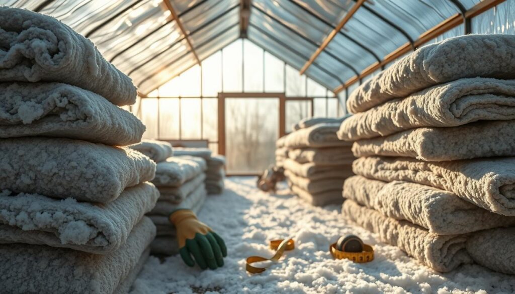 A cozy, well-insulated greenhouse interior on a chilly winter day. In the foreground, stacks of fluffy insulation rolls in various shades of gray and white, ready to be installed. Mid-frame, a pair of work gloves and a measuring tape hint at the hands-on process. In the background, the greenhouse structure is visible, with sunlight filtering through the glass panels, creating a warm, inviting atmosphere. The lighting is soft and natural, casting gentle shadows that accentuate the textures of the insulation materials. The overall scene conveys a sense of preparedness and attention to detail, essential for creating an efficient and affordable greenhouse insulation system. A cozy, well-insulated greenhouse interior on a chilly winter day. In the foreground, stacks of fluffy insulation rolls in various shades of gray and white, ready to be installed. Mid-frame, a pair of work gloves and a measuring tape hint at the hands-on process. In the background, the greenhouse structure is visible, with sunlight filtering through the glass panels, creating a warm, inviting atmosphere. The lighting is soft and natural, casting gentle shadows that accentuate the textures of the insulation materials. The overall scene conveys a sense of preparedness and attention to detail, essential for creating an efficient and affordable greenhouse insulation system.