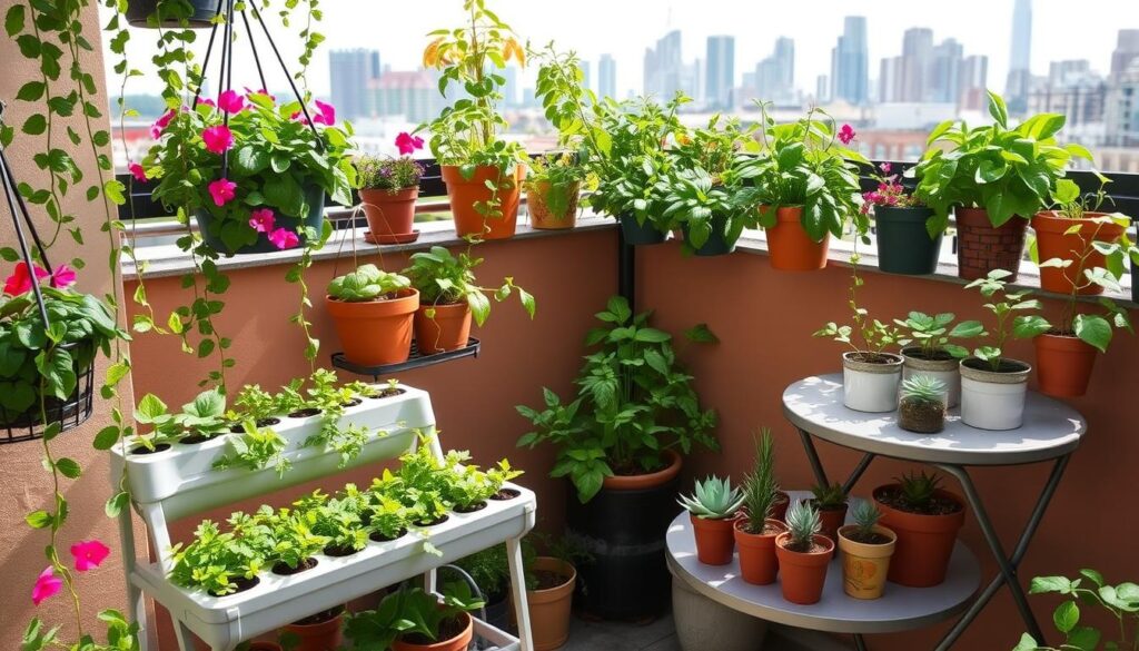 A cozy, well-lit urban balcony with a variety of thriving potted plants and herbs, creating a lush, compact oasis. Trailing vines cascade from hanging baskets, complemented by the vibrant hues of flowering annuals in sturdy containers. The foreground features a small, modular vertical garden system with neatly arranged tiers of leafy greens and compact vegetables. In the middle ground, a sleek, space-saving table supports a tidy array of potted succulents and miniature citrus trees. The background showcases the city skyline, providing a sense of place and the harmonious integration of nature within a confined urban setting. The overall scene conveys a sense of contentment, productivity, and the rewarding possibilities of small-space gardening.