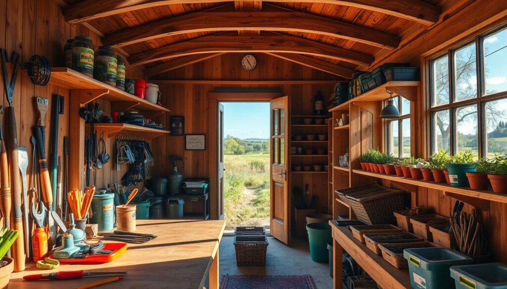 A cozy, well-organized garden shed with an inviting rustic charm. The foreground features a neatly arranged workbench with various tools and gardening supplies, bathed in warm, natural lighting. In the middle ground, rows of labeled shelves and storage cubbies display an orderly collection of potting soil, seeds, and other gardening essentials. The background showcases a picturesque countryside landscape visible through the shed's open doorway, with lush greenery and a clear blue sky. The overall atmosphere conveys a sense of productivity, tranquility, and a harmonious blend of function and aesthetic. Captured with a wide-angle lens to showcase the shed's interior details and surrounding natural environment.