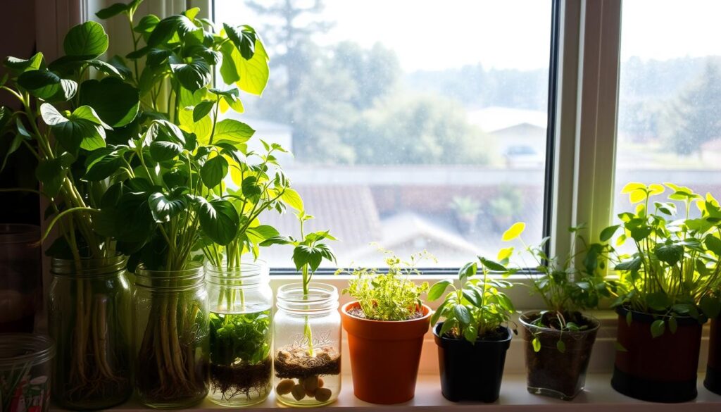 A cozy windowsill filled with lush, thriving plants, bathed in soft, natural light. In the foreground, a collection of glass jars, each housing a different herb or vegetable cutting, their roots slowly taking hold in the water. The middle ground showcases a mix of small potted plants, their leaves gently swaying in the breeze. In the background, the window itself frames a tranquil outdoor scene, hinting at the plentiful sunlight and temperate conditions that nourish this thriving indoor garden. The overall atmosphere is one of tranquility, productivity, and the joy of watching nature thrive in a compact, urban setting. A cozy windowsill filled with lush, thriving plants, bathed in soft, natural light. In the foreground, a collection of glass jars, each housing a different herb or vegetable cutting, their roots slowly taking hold in the water. The middle ground showcases a mix of small potted plants, their leaves gently swaying in the breeze. In the background, the window itself frames a tranquil outdoor scene, hinting at the plentiful sunlight and temperate conditions that nourish this thriving indoor garden. The overall atmosphere is one of tranquility, productivity, and the joy of watching nature thrive in a compact, urban setting.