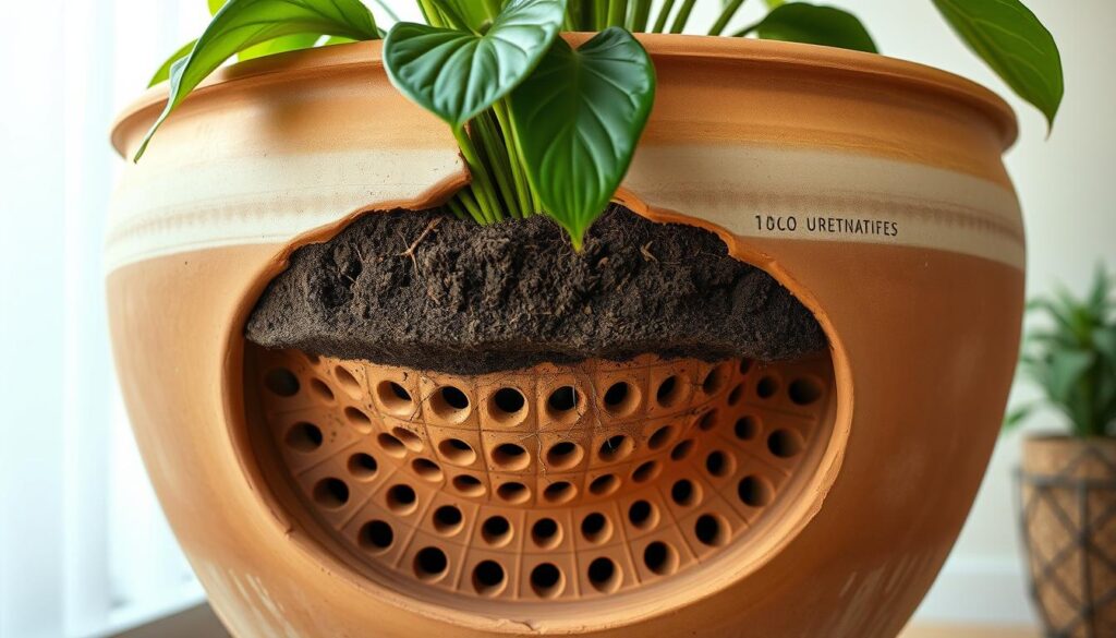 A cross-section of a large ceramic planter, showcasing the intricate drainage system. The foreground features a detailed view of the bottom of the pot, with a complex network of perforated holes and channels carved into the clay. The middle ground reveals the soil level, exposing the roots of a lush, thriving houseplant. The background depicts a soft, diffused light, highlighting the natural textures and hues of the earthy materials. The overall composition conveys a sense of functionality, balance, and the importance of proper drainage for plant health in large indoor containers. A cross-section of a large ceramic planter, showcasing the intricate drainage system. The foreground features a detailed view of the bottom of the pot, with a complex network of perforated holes and channels carved into the clay. The middle ground reveals the soil level, exposing the roots of a lush, thriving houseplant. The background depicts a soft, diffused light, highlighting the natural textures and hues of the earthy materials. The overall composition conveys a sense of functionality, balance, and the importance of proper drainage for plant health in large indoor containers.