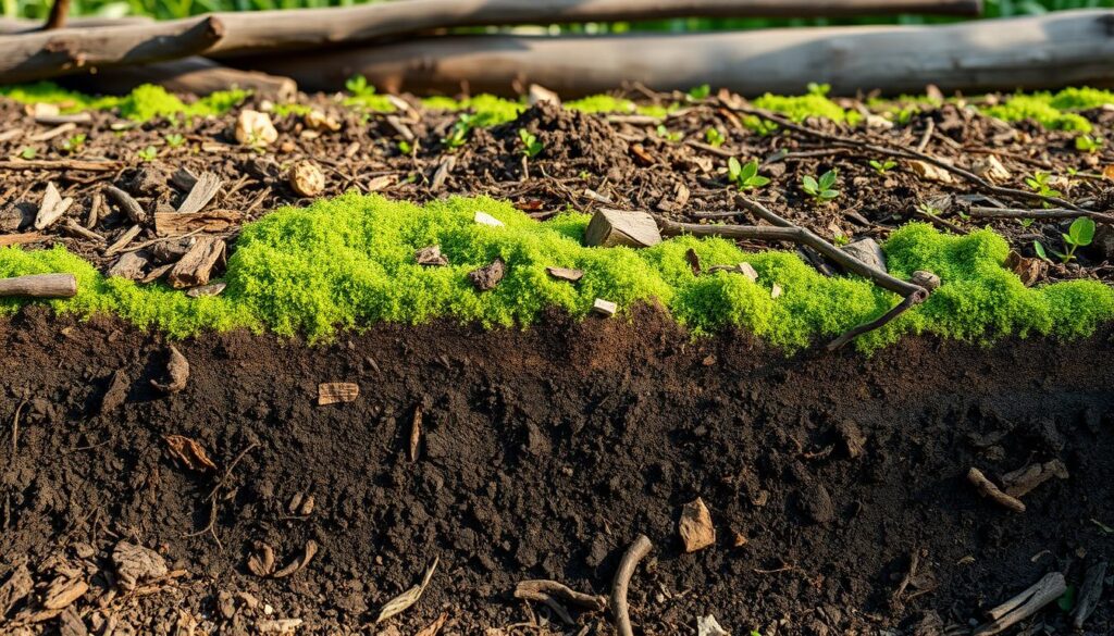 A cross-section of a lush, layered hugelkultur soil bed, illuminated by soft, natural lighting. The foreground reveals a rich, dark loam peppered with decomposing wood chips, twigs, and organic matter. The middle ground showcases a mix of verdant compost, peat moss, and vermiculite, creating a fluffy, nutrient-dense foundation. In the background, the soil transitions into a base of larger logs and branches, forming a sturdy, moisture-retaining core. The overall scene conveys a sense of earthy vitality and abundant potential for a thriving raised garden bed. A cross-section of a lush, layered hugelkultur soil bed, illuminated by soft, natural lighting. The foreground reveals a rich, dark loam peppered with decomposing wood chips, twigs, and organic matter. The middle ground showcases a mix of verdant compost, peat moss, and vermiculite, creating a fluffy, nutrient-dense foundation. In the background, the soil transitions into a base of larger logs and branches, forming a sturdy, moisture-retaining core. The overall scene conveys a sense of earthy vitality and abundant potential for a thriving raised garden bed.