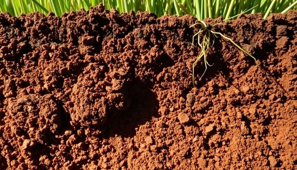 A cross-section of heavily compacted soil, with dense, tightly packed particles and minimal air pockets. The foreground depicts the compressed earth, with a reddish-brown hue and a mottled, textured surface. The middle ground showcases the compression of the soil layers, with distinct boundaries between the denser and more porous regions. In the background, a network of fine roots struggles to penetrate the unyielding ground. Dramatic side lighting casts long shadows, emphasizing the rigid, unyielding nature of the compacted soil. The overall scene conveys the challenges faced by a lawn due to soil compaction, setting the stage for the importance of aeration. A cross-section of heavily compacted soil, with dense, tightly packed particles and minimal air pockets. The foreground depicts the compressed earth, with a reddish-brown hue and a mottled, textured surface. The middle ground showcases the compression of the soil layers, with distinct boundaries between the denser and more porous regions. In the background, a network of fine roots struggles to penetrate the unyielding ground. Dramatic side lighting casts long shadows, emphasizing the rigid, unyielding nature of the compacted soil. The overall scene conveys the challenges faced by a lawn due to soil compaction, setting the stage for the importance of aeration.