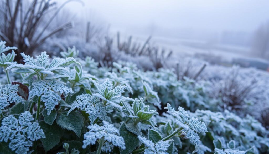 A crystalline blanket of delicate frost clings to the tender foliage, casting a serene, ethereal glow across the garden. In the foreground, intricate patterns of ice adorn the fragile leaves, each one a unique work of natural art. The midground reveals a landscape shrouded in a hazy, silvery mist, as the temperature dips and the weather unleashes its fickle whims. In the distant background, a subtle play of light and shadow hints at the looming threat of sudden temperature swings, a reminder of the delicate balance required to nurture and protect the vulnerable plants within this urban oasis. A crystalline blanket of delicate frost clings to the tender foliage, casting a serene, ethereal glow across the garden. In the foreground, intricate patterns of ice adorn the fragile leaves, each one a unique work of natural art. The midground reveals a landscape shrouded in a hazy, silvery mist, as the temperature dips and the weather unleashes its fickle whims. In the distant background, a subtle play of light and shadow hints at the looming threat of sudden temperature swings, a reminder of the delicate balance required to nurture and protect the vulnerable plants within this urban oasis.