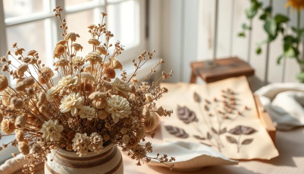 A delicate arrangement of dried flowers, pressed botanicals, and everlasting decor against a soft, natural backdrop. Sunlight filters through the window, casting a warm, diffused glow over the scene. The foreground features a variety of dried flowers, their petals and stems in muted tones of brown, beige, and cream, artfully arranged in a rustic ceramic vase. In the middle ground, pressed leaves and flowers are displayed on vintage parchment paper, their intricate details highlighted by the gentle lighting. The background showcases a tranquil, cottagecore-inspired setting, with hints of weathered wood, neutral textiles, and a touch of greenery, creating a cozy, timeless atmosphere. A delicate arrangement of dried flowers, pressed botanicals, and everlasting decor against a soft, natural backdrop. Sunlight filters through the window, casting a warm, diffused glow over the scene. The foreground features a variety of dried flowers, their petals and stems in muted tones of brown, beige, and cream, artfully arranged in a rustic ceramic vase. In the middle ground, pressed leaves and flowers are displayed on vintage parchment paper, their intricate details highlighted by the gentle lighting. The background showcases a tranquil, cottagecore-inspired setting, with hints of weathered wood, neutral textiles, and a touch of greenery, creating a cozy, timeless atmosphere.