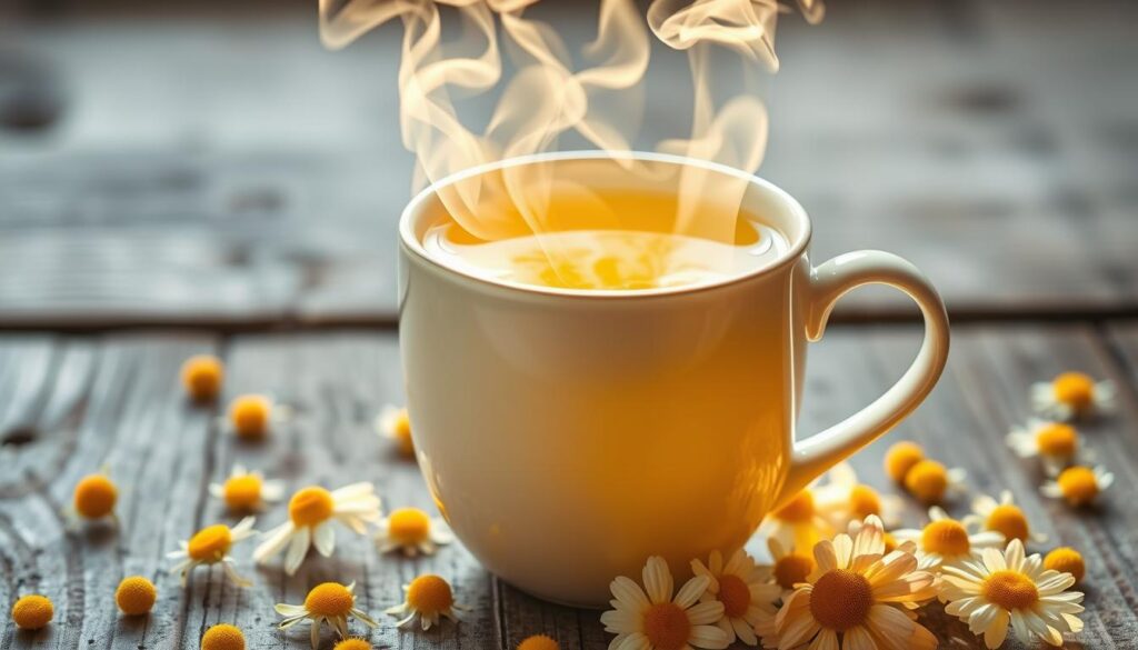 A delicate ceramic mug filled with steaming chamomile tea, its golden-yellow hue glistening under soft, diffused natural lighting. Wisps of fragrant steam curl upwards, inviting the viewer to savor the calming aroma. The mug is placed on a rustic wooden surface, surrounded by scattered chamomile flowers, their petals glowing in warm, earthy tones. The overall composition exudes a sense of tranquility and simplicity, capturing the essence of a soothing chamomile tea ritual. A delicate ceramic mug filled with steaming chamomile tea, its golden-yellow hue glistening under soft, diffused natural lighting. Wisps of fragrant steam curl upwards, inviting the viewer to savor the calming aroma. The mug is placed on a rustic wooden surface, surrounded by scattered chamomile flowers, their petals glowing in warm, earthy tones. The overall composition exudes a sense of tranquility and simplicity, capturing the essence of a soothing chamomile tea ritual.