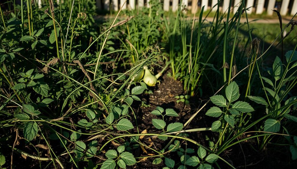 A densely overgrown raised garden bed, overrun with tall weeds and struggling vegetables. The foreground shows a tangled mess of green foliage, dead leaves, and woody stems, casting long shadows across the soil. In the middle ground, a few stunted tomato plants and wilted lettuce leaves peek through the chaos. The background is blurred, hinting at a neglected garden shed or fence in the distance. The lighting is harsh, creating deep contrasts and emphasizing the disarray. The overall mood is one of neglect and despair, a cautionary tale of what can happen when soil issues are left unattended. A densely overgrown raised garden bed, overrun with tall weeds and struggling vegetables. The foreground shows a tangled mess of green foliage, dead leaves, and woody stems, casting long shadows across the soil. In the middle ground, a few stunted tomato plants and wilted lettuce leaves peek through the chaos. The background is blurred, hinting at a neglected garden shed or fence in the distance. The lighting is harsh, creating deep contrasts and emphasizing the disarray. The overall mood is one of neglect and despair, a cautionary tale of what can happen when soil issues are left unattended.