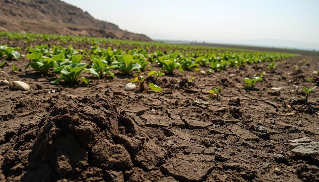 A desolate, arid landscape where vibrant green life once thrived. In the foreground, a magnified view of soil, its once-rich texture now hardened and cracked, devoid of the intricate web of microbial life. Lifeless, compacted earth, its structure disrupted by the excessive application of synthetic fertilizers. The middle ground reveals withered, stunted plants struggling to survive, their leaves wilted and discolored. In the distance, a hazy, sterile atmosphere, the once-thriving ecosystem transformed into a barren, lifeless expanse. Harsh, direct lighting casts long shadows, emphasizing the stark contrast between the healthy and the devastated. This scene, a cautionary tale of the consequences of relying on chemical interventions, stands as a stark reminder of the delicate balance of the living soil system. A desolate, arid landscape where vibrant green life once thrived. In the foreground, a magnified view of soil, its once-rich texture now hardened and cracked, devoid of the intricate web of microbial life. Lifeless, compacted earth, its structure disrupted by the excessive application of synthetic fertilizers. The middle ground reveals withered, stunted plants struggling to survive, their leaves wilted and discolored. In the distance, a hazy, sterile atmosphere, the once-thriving ecosystem transformed into a barren, lifeless expanse. Harsh, direct lighting casts long shadows, emphasizing the stark contrast between the healthy and the devastated. This scene, a cautionary tale of the consequences of relying on chemical interventions, stands as a stark reminder of the delicate balance of the living soil system.