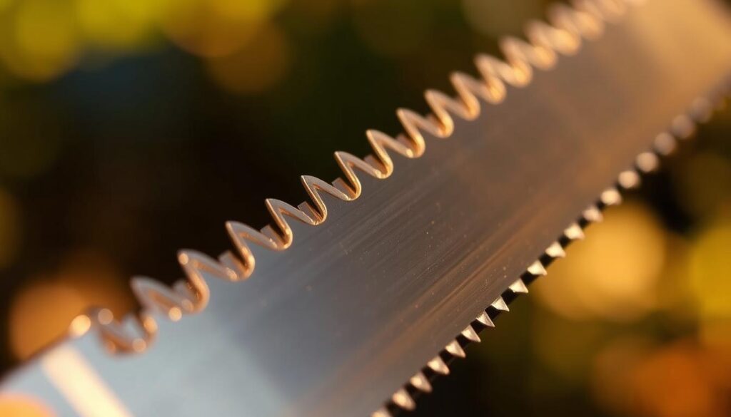 A detailed close-up image of a folding saw blade, capturing its intricate teeth and sharp edge. The blade is illuminated by warm, directional lighting, casting dramatic shadows and highlighting its sleek metallic surface. The background is slightly blurred, emphasizing the blade's central focus. The composition emphasizes the blade's length, width, and overall proportions, providing clear visual guidance on how to select the appropriate saw for a given pruning or yard work task. A detailed close-up image of a folding saw blade, capturing its intricate teeth and sharp edge. The blade is illuminated by warm, directional lighting, casting dramatic shadows and highlighting its sleek metallic surface. The background is slightly blurred, emphasizing the blade's central focus. The composition emphasizes the blade's length, width, and overall proportions, providing clear visual guidance on how to select the appropriate saw for a given pruning or yard work task.