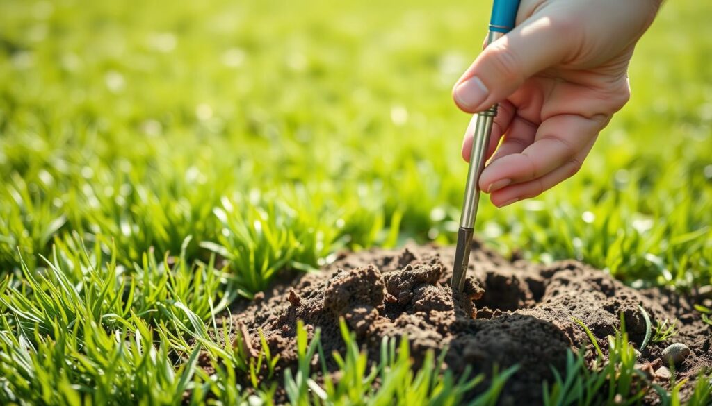 A detailed close-up of a person's hand using a screwdriver to test the soil in a well-manicured lawn. The screwdriver penetrates the earth, revealing the soil's texture and compaction. Bright natural light from the side illuminates the scene, casting shadows that highlight the soil's structure. The lawn in the background is lush and verdant, contrasting with the exposed dirt. The composition is balanced, drawing the viewer's attention to the screwdriver and soil analysis. The overall mood is one of scientific inquiry and assessment, suggesting the need to evaluate lawn health and potential aeration requirements. A detailed close-up of a person's hand using a screwdriver to test the soil in a well-manicured lawn. The screwdriver penetrates the earth, revealing the soil's texture and compaction. Bright natural light from the side illuminates the scene, casting shadows that highlight the soil's structure. The lawn in the background is lush and verdant, contrasting with the exposed dirt. The composition is balanced, drawing the viewer's attention to the screwdriver and soil analysis. The overall mood is one of scientific inquiry and assessment, suggesting the need to evaluate lawn health and potential aeration requirements.