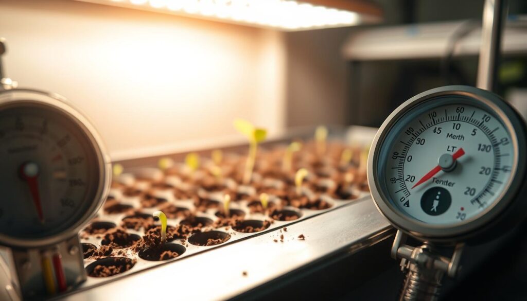 A detailed close-up of a seed germination system, showcasing the interplay of temperature, light, and depth. In the foreground, a thermometer and a lux meter display precise readings, illuminated by a soft, diffused light. In the middle ground, an open seed tray reveals soil with seeds at varying depths, each at a different stage of sprouting. The background features a seedling heat mat and a grow light, creating an optimal environment for seed germination. The scene conveys a sense of scientific experimentation and the importance of carefully controlling environmental factors for successful plant growth. A detailed close-up of a seed germination system, showcasing the interplay of temperature, light, and depth. In the foreground, a thermometer and a lux meter display precise readings, illuminated by a soft, diffused light. In the middle ground, an open seed tray reveals soil with seeds at varying depths, each at a different stage of sprouting. The background features a seedling heat mat and a grow light, creating an optimal environment for seed germination. The scene conveys a sense of scientific experimentation and the importance of carefully controlling environmental factors for successful plant growth.