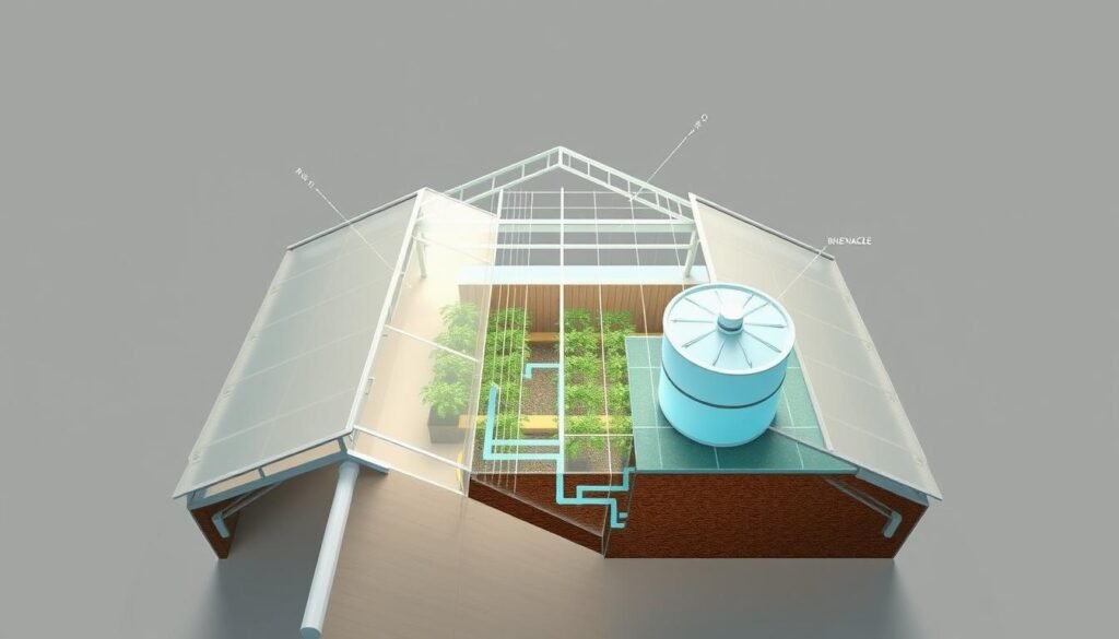 A detailed, cross-sectional diagram of a greenhouse rooftop, showcasing the water needs and runoff capture capabilities. The foreground features a sleek, modern greenhouse structure with a gently sloping roof, designed to optimize rainwater collection. In the middle ground, a series of gutters and downspouts guide the harvested water into a centralized storage tank, depicted in the background. The lighting is soft and diffused, creating a serene, technical atmosphere. The angle is a bird's-eye view, allowing the viewer to clearly understand the scale and layout of the rainwater harvesting system in relation to the greenhouse's dimensions. A detailed, cross-sectional diagram of a greenhouse rooftop, showcasing the water needs and runoff capture capabilities. The foreground features a sleek, modern greenhouse structure with a gently sloping roof, designed to optimize rainwater collection. In the middle ground, a series of gutters and downspouts guide the harvested water into a centralized storage tank, depicted in the background. The lighting is soft and diffused, creating a serene, technical atmosphere. The angle is a bird's-eye view, allowing the viewer to clearly understand the scale and layout of the rainwater harvesting system in relation to the greenhouse's dimensions.