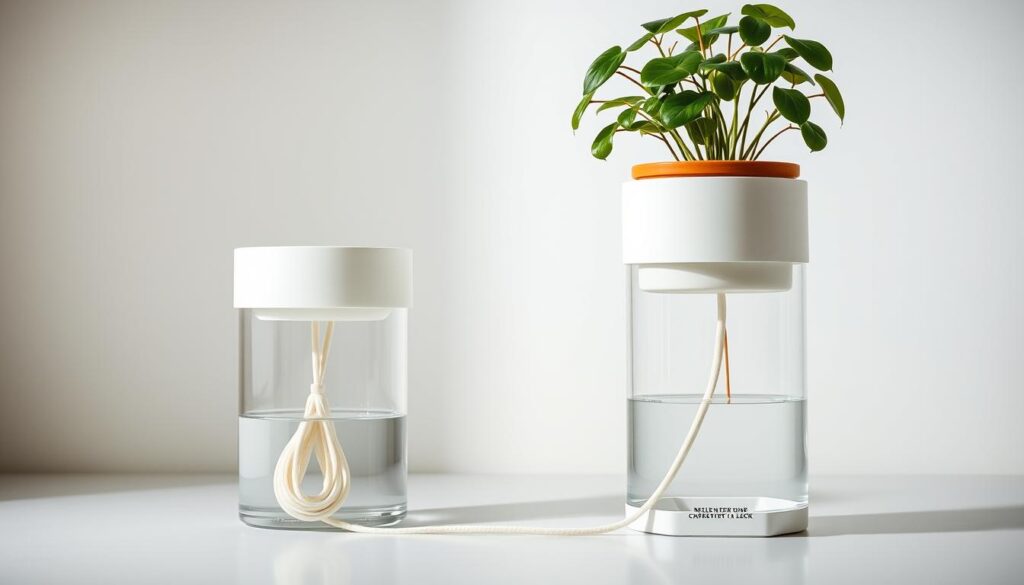 A detailed, high-quality image of a self-watering wick system for potted plants. In the foreground, a potted plant sits atop a planter with a visible reservoir and a long, absorbent wick trailing down into the water below. The wick system appears sleek and functional, with clean lines and a modern aesthetic. The middle ground showcases the inner workings of the system, with a transparent view of the water reservoir and the wick's path. The background is a minimalist, neutral-toned environment, allowing the subject to be the focal point. Crisp lighting illuminates the scene, highlighting the textures and materials used in the design. The overall mood is one of practical, elegant simplicity, showcasing an innovative solution for effortless plant care. A detailed, high-quality image of a self-watering wick system for potted plants. In the foreground, a potted plant sits atop a planter with a visible reservoir and a long, absorbent wick trailing down into the water below. The wick system appears sleek and functional, with clean lines and a modern aesthetic. The middle ground showcases the inner workings of the system, with a transparent view of the water reservoir and the wick's path. The background is a minimalist, neutral-toned environment, allowing the subject to be the focal point. Crisp lighting illuminates the scene, highlighting the textures and materials used in the design. The overall mood is one of practical, elegant simplicity, showcasing an innovative solution for effortless plant care.
