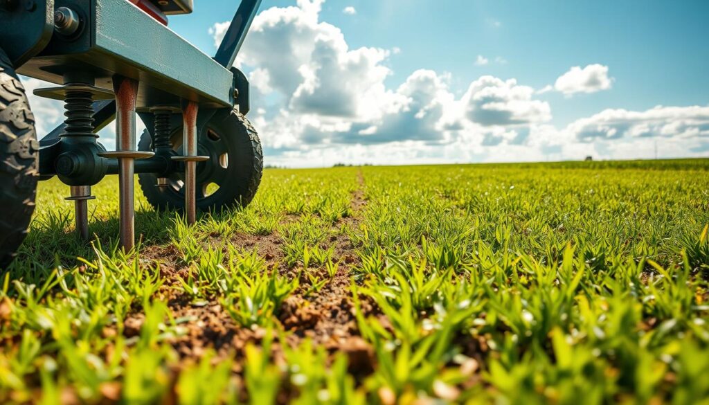 A detailed, high-resolution image of core aeration being performed on a lush, green lawn. The foreground shows a lawn aerator machine, its metal tines plunging into the soil, creating neat rows of holes. In the middle ground, the ground texture is visible, with soil and grass blades clearly defined. The background features a bright, natural outdoor scene with a clear blue sky, fluffy white clouds, and the edges of a well-manicured lawn stretching into the distance. The lighting is warm and natural, creating subtle shadows and highlights that accentuate the textures and details. The overall mood is one of a productive, carefully tended outdoor space. A detailed, high-resolution image of core aeration being performed on a lush, green lawn. The foreground shows a lawn aerator machine, its metal tines plunging into the soil, creating neat rows of holes. In the middle ground, the ground texture is visible, with soil and grass blades clearly defined. The background features a bright, natural outdoor scene with a clear blue sky, fluffy white clouds, and the edges of a well-manicured lawn stretching into the distance. The lighting is warm and natural, creating subtle shadows and highlights that accentuate the textures and details. The overall mood is one of a productive, carefully tended outdoor space.