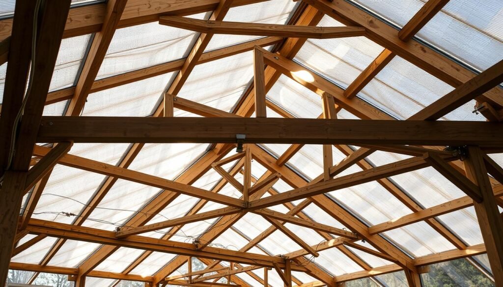 A detailed, meticulously engineered greenhouse structure with a robust wooden frame and transparent glass or plastic panels. The framework consists of sturdy beams and struts, expertly designed to withstand the weight of the roof and the loads imposed by the growing plants. Sunlight streams in through the panels, casting a warm, diffused glow throughout the interior. The scene is captured from a medium-distance angle, showcasing the intricate construction and highlighting the thoughtful balance between functionality and aesthetics. The overall mood conveys a sense of purposeful design and an environment primed for cultivation. A detailed, meticulously engineered greenhouse structure with a robust wooden frame and transparent glass or plastic panels. The framework consists of sturdy beams and struts, expertly designed to withstand the weight of the roof and the loads imposed by the growing plants. Sunlight streams in through the panels, casting a warm, diffused glow throughout the interior. The scene is captured from a medium-distance angle, showcasing the intricate construction and highlighting the thoughtful balance between functionality and aesthetics. The overall mood conveys a sense of purposeful design and an environment primed for cultivation.