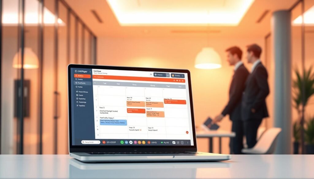 A digital illustration showcasing Chili Piper's scheduling software, set against a sleek, modern office environment. In the foreground, a laptop screen displays the Chili Piper user interface, featuring a clean, intuitive calendar view with seamlessly integrated sales team schedules. The middle ground depicts a minimalist, open-concept workspace, with professional, well-dressed individuals collaboratively planning their sales and service activities. The background is bathed in warm, inviting lighting, creating a productive and focused atmosphere. The overall scene conveys the efficiency, organization, and team-oriented nature of Chili Piper's scheduling capabilities, suitable for supporting sales and service operations. A digital illustration showcasing Chili Piper's scheduling software, set against a sleek, modern office environment. In the foreground, a laptop screen displays the Chili Piper user interface, featuring a clean, intuitive calendar view with seamlessly integrated sales team schedules. The middle ground depicts a minimalist, open-concept workspace, with professional, well-dressed individuals collaboratively planning their sales and service activities. The background is bathed in warm, inviting lighting, creating a productive and focused atmosphere. The overall scene conveys the efficiency, organization, and team-oriented nature of Chili Piper's scheduling capabilities, suitable for supporting sales and service operations.