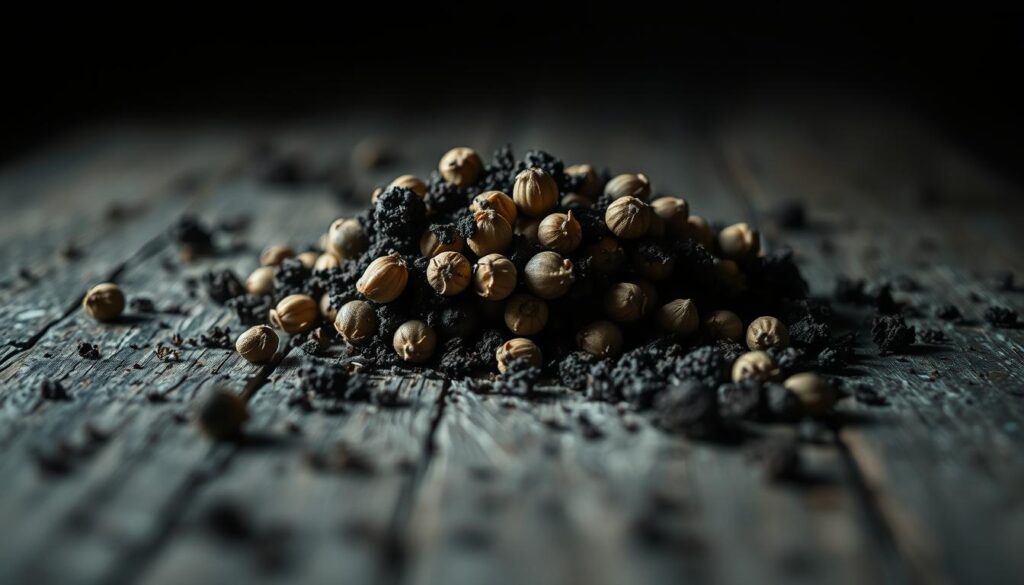 A dimly lit, close-up view of a handful of soil-covered seeds resting on a rough, weathered wooden surface. The seeds appear shriveled and discolored, lacking the vibrant hues and plump appearance of healthy, sprouting seeds. The background is blurred, creating a shallow depth of field that focuses the viewer's attention on the disappointing, non-germinating seeds. The lighting is low-key, casting shadows and highlighting the textural details of the seeds and soil. A somber, almost melancholic atmosphere pervades the scene, conveying the disappointment and frustration of a gardener confronted with the failure of their seeds to thrive. A dimly lit, close-up view of a handful of soil-covered seeds resting on a rough, weathered wooden surface. The seeds appear shriveled and discolored, lacking the vibrant hues and plump appearance of healthy, sprouting seeds. The background is blurred, creating a shallow depth of field that focuses the viewer's attention on the disappointing, non-germinating seeds. The lighting is low-key, casting shadows and highlighting the textural details of the seeds and soil. A somber, almost melancholic atmosphere pervades the scene, conveying the disappointment and frustration of a gardener confronted with the failure of their seeds to thrive.