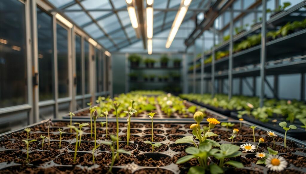A dimly lit greenhouse interior, light filtering through the glass panes. In the foreground, a tray of soil-filled pots, some with seeds just beginning to sprout, their tender seedlings reaching up towards the glow of LED grow lights suspended overhead. The middle ground reveals more trays, each containing different varieties of herbs - lavender, chamomile, and calendula - in various stages of growth, their leaves softly illuminated. In the background, rows of shelving hold more trays, creating a sense of depth and a hints at the patient, meticulous process of cold stratification required to coax these delicate herbs to life. A dimly lit greenhouse interior, light filtering through the glass panes. In the foreground, a tray of soil-filled pots, some with seeds just beginning to sprout, their tender seedlings reaching up towards the glow of LED grow lights suspended overhead. The middle ground reveals more trays, each containing different varieties of herbs - lavender, chamomile, and calendula - in various stages of growth, their leaves softly illuminated. In the background, rows of shelving hold more trays, creating a sense of depth and a hints at the patient, meticulous process of cold stratification required to coax these delicate herbs to life.