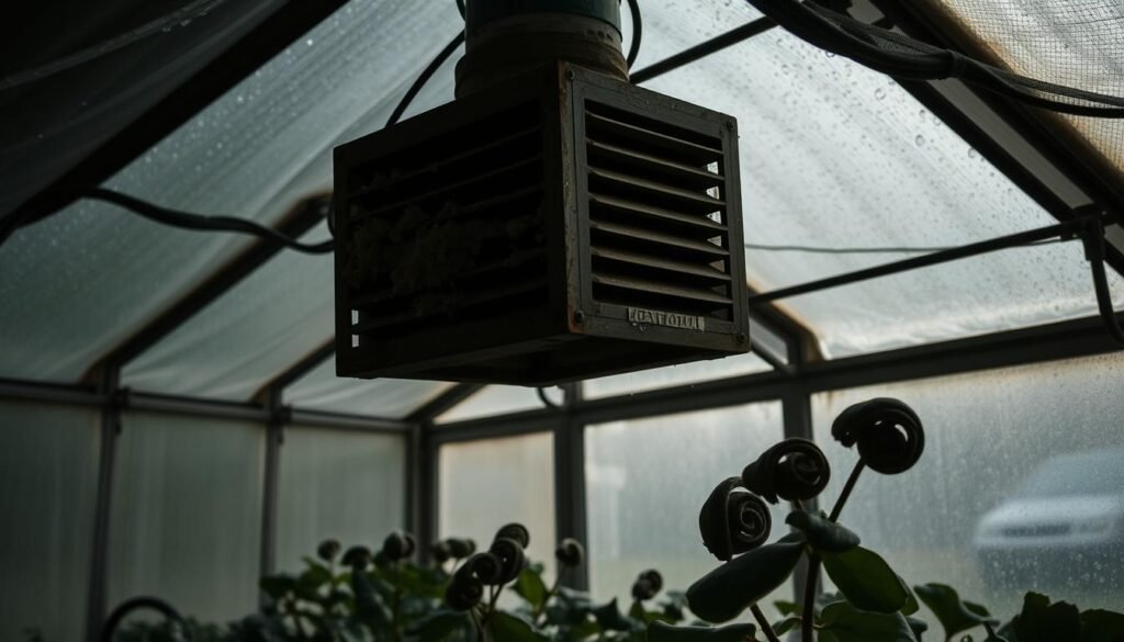 A dimly lit greenhouse interior, with condensation droplets glistening on the walls and ceiling. In the foreground, a malfunctioning vent system, its louvers stuck and covered in mold, obstructing the airflow. The middle ground shows wilting plants, their leaves curling inward, struggling against the stagnant, humid air. In the background, a view of the exterior through the grimy, fogged-up windows, a stark contrast to the oppressive, claustrophobic atmosphere within. The scene is lit by a soft, diffused natural light, casting long shadows and emphasizing the sense of stagnation and neglect. An overwhelmingly gloomy and damp mood, conveying the consequences of poor ventilation. A dimly lit greenhouse interior, with condensation droplets glistening on the walls and ceiling. In the foreground, a malfunctioning vent system, its louvers stuck and covered in mold, obstructing the airflow. The middle ground shows wilting plants, their leaves curling inward, struggling against the stagnant, humid air. In the background, a view of the exterior through the grimy, fogged-up windows, a stark contrast to the oppressive, claustrophobic atmosphere within. The scene is lit by a soft, diffused natural light, casting long shadows and emphasizing the sense of stagnation and neglect. An overwhelmingly gloomy and damp mood, conveying the consequences of poor ventilation.