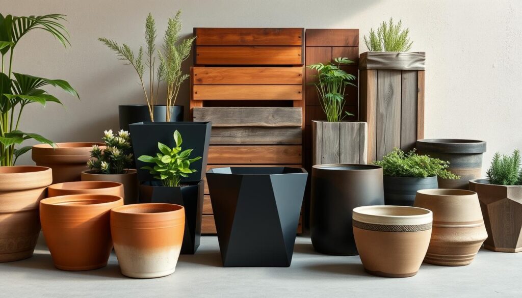 A display of various planters set against a neutral background, capturing their unique shapes, materials, and textures. In the foreground, a collection of sturdy ceramic pots in earthy tones, their thick walls suggesting excellent insulation and weather-resistant properties. In the middle ground, sleek, minimalist planters made of matte black metal, their angular silhouettes hinting at modern, durable designs. In the background, a grouping of rustic wooden planters, their weathered surfaces conveying a sense of timelessness and outdoor resilience. Soft, natural lighting illuminates the scene, emphasizing the materiality and dimensional qualities of each planter. The overall atmosphere evokes a sense of thoughtful curation, highlighting the diverse options available for climate-appropriate and long-lasting container gardening. A display of various planters set against a neutral background, capturing their unique shapes, materials, and textures. In the foreground, a collection of sturdy ceramic pots in earthy tones, their thick walls suggesting excellent insulation and weather-resistant properties. In the middle ground, sleek, minimalist planters made of matte black metal, their angular silhouettes hinting at modern, durable designs. In the background, a grouping of rustic wooden planters, their weathered surfaces conveying a sense of timelessness and outdoor resilience. Soft, natural lighting illuminates the scene, emphasizing the materiality and dimensional qualities of each planter. The overall atmosphere evokes a sense of thoughtful curation, highlighting the diverse options available for climate-appropriate and long-lasting container gardening.
