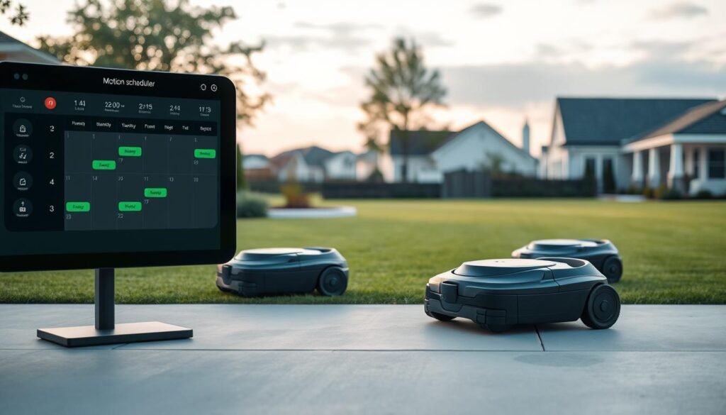 A dynamic, cutting-edge motion scheduler system, captured in a sleek, minimalist aesthetic. In the foreground, a stylized interface with intuitive controls, displaying a calendar view of scheduled lawn care tasks. The middle ground features a trio of robotic lawnmowers, their movements precisely choreographed, executing their duties with efficiency. In the background, a serene suburban landscape, with lush, well-manicured lawns and a serene sky, suggesting the harmonious integration of technology and nature. Soft, directional lighting illuminates the scene, casting subtle shadows and highlighting the clean, modern design. The overall impression is one of a seamless, intelligent system that simplifies and automates lawn maintenance, allowing homeowners to effortlessly stay on top of their outdoor chores. A dynamic, cutting-edge motion scheduler system, captured in a sleek, minimalist aesthetic. In the foreground, a stylized interface with intuitive controls, displaying a calendar view of scheduled lawn care tasks. The middle ground features a trio of robotic lawnmowers, their movements precisely choreographed, executing their duties with efficiency. In the background, a serene suburban landscape, with lush, well-manicured lawns and a serene sky, suggesting the harmonious integration of technology and nature. Soft, directional lighting illuminates the scene, casting subtle shadows and highlighting the clean, modern design. The overall impression is one of a seamless, intelligent system that simplifies and automates lawn maintenance, allowing homeowners to effortlessly stay on top of their outdoor chores.