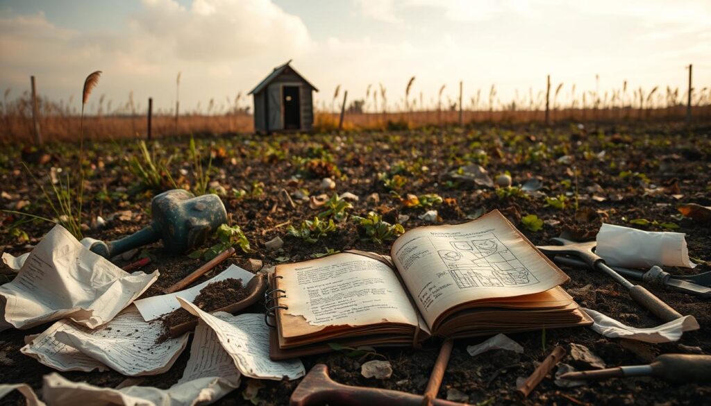 A field scattered with crumpled papers, torn notebooks, and soil-stained gardening tools. In the foreground, a worn leather-bound journal lies open, its pages filled with scribbled notes and diagrams. The middle ground is a patchwork of overgrown weeds and withered plants, a testament to past failures. In the background, a tool shed stands weathered and slightly askew, hinting at the challenges faced in this garden's journey. Soft, warm light filters through wispy clouds, casting a contemplative mood over the scene. This "mistakes field report" captures the turning point from failures to a diagnostic mindset, where lessons learned from past missteps pave the way for a thriving, healthy garden. A field scattered with crumpled papers, torn notebooks, and soil-stained gardening tools. In the foreground, a worn leather-bound journal lies open, its pages filled with scribbled notes and diagrams. The middle ground is a patchwork of overgrown weeds and withered plants, a testament to past failures. In the background, a tool shed stands weathered and slightly askew, hinting at the challenges faced in this garden's journey. Soft, warm light filters through wispy clouds, casting a contemplative mood over the scene. This "mistakes field report" captures the turning point from failures to a diagnostic mindset, where lessons learned from past missteps pave the way for a thriving, healthy garden.
