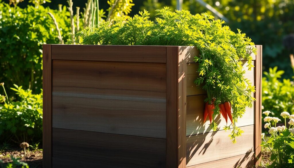 A finely crafted, rustic wooden planter box stands in a lush, sun-dappled garden. Its weathered exterior and simple, clean lines evoke a sense of timeless elegance. The planter is deep and wide, offering ample space for a thriving carrot crop. Vibrant, verdant foliage spills over the edges, hinting at the bountiful harvest within. Soft, warm lighting filters through the surrounding greenery, casting a gentle glow on the container's sturdy construction. The scene exudes a sense of tranquility and the promise of a bountiful, container-grown carrot harvest. A finely crafted, rustic wooden planter box stands in a lush, sun-dappled garden. Its weathered exterior and simple, clean lines evoke a sense of timeless elegance. The planter is deep and wide, offering ample space for a thriving carrot crop. Vibrant, verdant foliage spills over the edges, hinting at the bountiful harvest within. Soft, warm lighting filters through the surrounding greenery, casting a gentle glow on the container's sturdy construction. The scene exudes a sense of tranquility and the promise of a bountiful, container-grown carrot harvest.