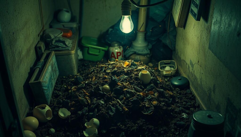 A foul-smelling, rotting compost heap sits in a dimly lit corner of a cluttered, cramped urban balcony. Decaying organic matter emits a nauseating stench, drawing in a swarm of buzzing flies. The heap is overgrown with mold and surrounded by scattered eggshells, coffee grounds, and other compost ingredients. The scene is bathed in a sickly green-yellow hue, with harsh shadows casting an ominous atmosphere. A single, flickering incandescent bulb casts an unflattering light on the unsightly compost, highlighting its unsavory nature. The overall impression is one of neglect, poor management, and a complete lack of control over the composting process. A foul-smelling, rotting compost heap sits in a dimly lit corner of a cluttered, cramped urban balcony. Decaying organic matter emits a nauseating stench, drawing in a swarm of buzzing flies. The heap is overgrown with mold and surrounded by scattered eggshells, coffee grounds, and other compost ingredients. The scene is bathed in a sickly green-yellow hue, with harsh shadows casting an ominous atmosphere. A single, flickering incandescent bulb casts an unflattering light on the unsightly compost, highlighting its unsavory nature. The overall impression is one of neglect, poor management, and a complete lack of control over the composting process.