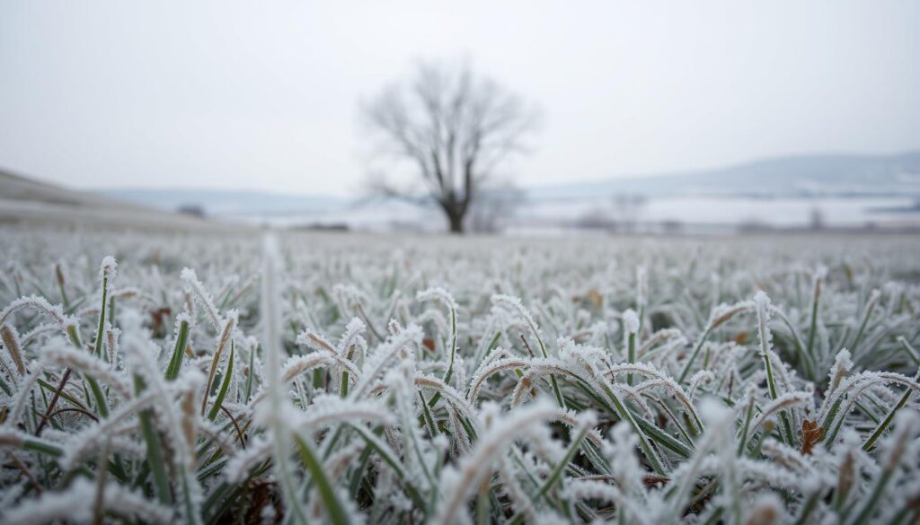 A frosty winter landscape with a focus on prominent frost patterns across the foreground. Delicate ice crystals cling to blades of grass and leaves, creating intricate, lace-like designs. The middle ground features a bare, deciduous tree silhouetted against a pale, overcast sky. In the background, distant rolling hills are blanketed in a thin layer of snow, adding depth and dimension to the scene. Soft, diffused lighting casts a serene, tranquil mood, emphasizing the beauty and fragility of the natural world during the colder months. A close-up, low-angle perspective captures the delicate details of the frost, inviting the viewer to appreciate the seasonal changes that signal the arrival of winter.