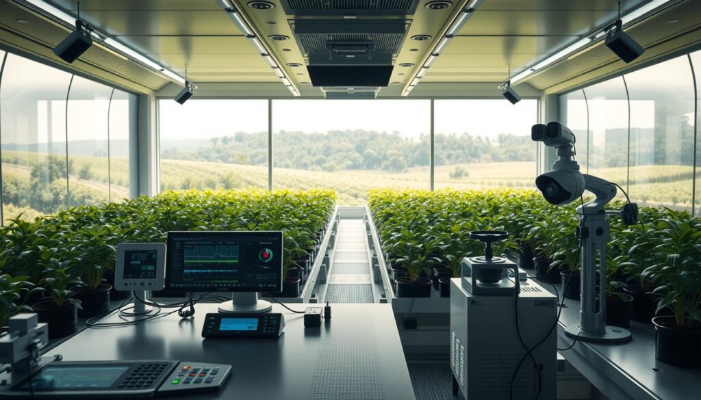 A futuristic, high-tech diagnostic greenhouse with sleek, modern lines and a minimalist design. In the foreground, a workbench with various soil testing equipment, digital displays, and precision instruments. Midground, rows of healthy, vibrant plants being monitored by sensors and cameras. In the background, a panoramic window overlooking a lush, verdant landscape, bathed in soft, natural lighting. The atmosphere is one of scientific inquiry and technological innovation, creating an efficient, data-driven framework for diagnosing and addressing soil issues. A futuristic, high-tech diagnostic greenhouse with sleek, modern lines and a minimalist design. In the foreground, a workbench with various soil testing equipment, digital displays, and precision instruments. Midground, rows of healthy, vibrant plants being monitored by sensors and cameras. In the background, a panoramic window overlooking a lush, verdant landscape, bathed in soft, natural lighting. The atmosphere is one of scientific inquiry and technological innovation, creating an efficient, data-driven framework for diagnosing and addressing soil issues.
