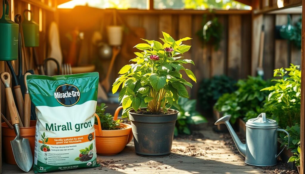 A garden shed filled with organic gardening tools and supplies, bathed in warm, natural lighting. In the foreground, a bag of Miracle-Gro fertilizer stands prominently, surrounded by a trowel, gardening gloves, and a small watering can. In the middle ground, a lush, healthy potted plant thrives, its vibrant green leaves a testament to the gentle, sustainable approach to nurturing the soil's microbiome. The background showcases verdant, thriving garden beds, hinting at the practical steps gardeners can take to responsibly use Miracle-Gro while prioritizing soil health. A garden shed filled with organic gardening tools and supplies, bathed in warm, natural lighting. In the foreground, a bag of Miracle-Gro fertilizer stands prominently, surrounded by a trowel, gardening gloves, and a small watering can. In the middle ground, a lush, healthy potted plant thrives, its vibrant green leaves a testament to the gentle, sustainable approach to nurturing the soil's microbiome. The background showcases verdant, thriving garden beds, hinting at the practical steps gardeners can take to responsibly use Miracle-Gro while prioritizing soil health.