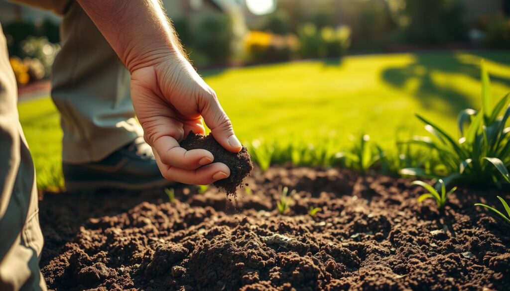A gardener's hand carefully collects a soil sample from a lush, well-tended garden bed. The scene is illuminated by warm, natural lighting, casting soft shadows that highlight the texture of the soil and the gardener's focused expression. The camera angle is positioned at a slight low angle, emphasizing the importance and care of the task. In the background, a neatly trimmed lawn and vibrant greenery create a serene, inviting atmosphere, setting the stage for the soil sampling process.