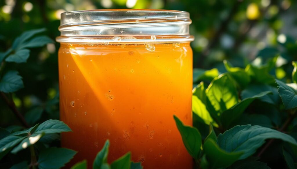 A glass jar filled with a murky, amber-colored liquid, gently bubbling and fermenting. The surface is dotted with small pockets of gas, hinting at the active microbial processes within. Beams of soft, warm light filter through the translucent liquid, casting a hazy, earthy glow. The jar is nestled among lush, verdant foliage, suggesting a bountiful garden setting. Earthy, yeast-like aromas waft from the jar, enticing the senses. A sense of natural vitality and the cycle of life permeates the scene, reflecting the transformative power of fermentation. A glass jar filled with a murky, amber-colored liquid, gently bubbling and fermenting. The surface is dotted with small pockets of gas, hinting at the active microbial processes within. Beams of soft, warm light filter through the translucent liquid, casting a hazy, earthy glow. The jar is nestled among lush, verdant foliage, suggesting a bountiful garden setting. Earthy, yeast-like aromas waft from the jar, enticing the senses. A sense of natural vitality and the cycle of life permeates the scene, reflecting the transformative power of fermentation.