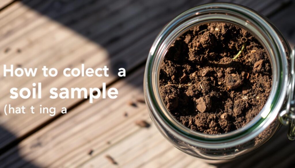 A glass jar filled with a soil sample, showcasing its rich, earthy texture and color. The sample is carefully collected from a garden or lawn, with visible organic matter and soil particles. The jar is positioned on a wooden surface, with natural lighting casting soft shadows, highlighting the intricate details of the soil. The composition emphasizes the importance of proper soil sampling, providing a visually appealing representation of the subject matter. The overall mood is one of scientific curiosity and attention to detail, setting the stage for the informative "How to collect a soil sample the right way" section. A glass jar filled with a soil sample, showcasing its rich, earthy texture and color. The sample is carefully collected from a garden or lawn, with visible organic matter and soil particles. The jar is positioned on a wooden surface, with natural lighting casting soft shadows, highlighting the intricate details of the soil. The composition emphasizes the importance of proper soil sampling, providing a visually appealing representation of the subject matter. The overall mood is one of scientific curiosity and attention to detail, setting the stage for the informative "How to collect a soil sample the right way" section.