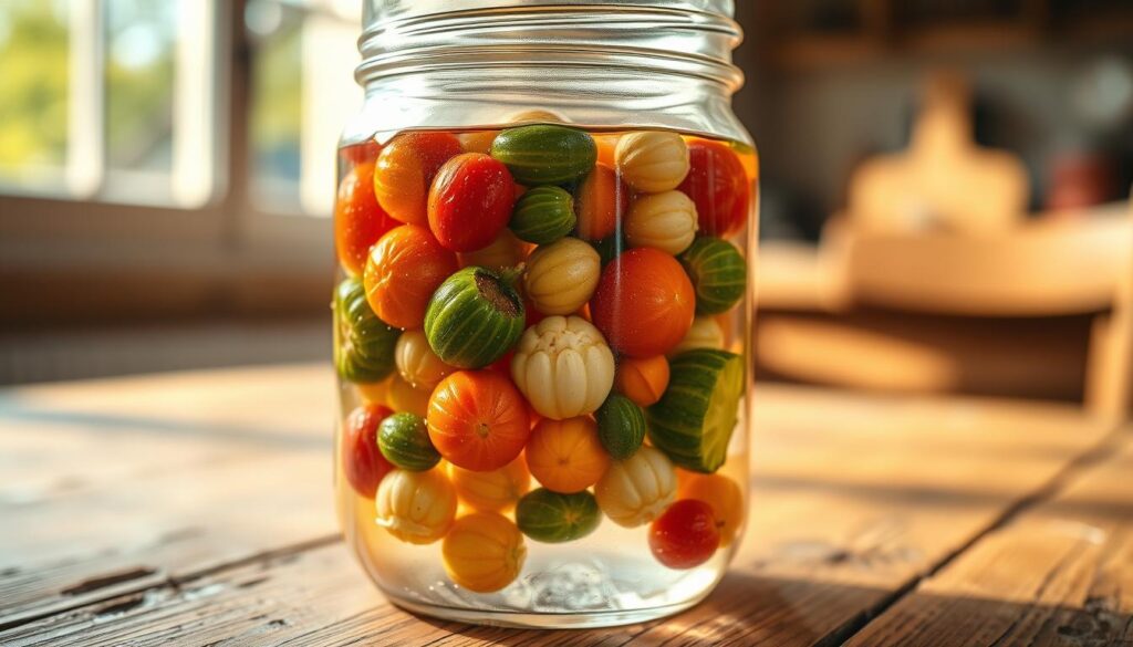 A glass mason jar filled with water and various wet, glistening vegetable seeds of different shapes and colors, such as tomato, cucumber, and melon. The jar is placed on a rustic wooden table, illuminated by warm, natural light coming from a window. The background is slightly blurred, creating a soft, inviting atmosphere. The focus is on the captivating textural details of the fermenting seeds, their organic forms contrasting with the transparency of the water. The overall scene conveys a sense of patience, growth, and the cycle of life. A glass mason jar filled with water and various wet, glistening vegetable seeds of different shapes and colors, such as tomato, cucumber, and melon. The jar is placed on a rustic wooden table, illuminated by warm, natural light coming from a window. The background is slightly blurred, creating a soft, inviting atmosphere. The focus is on the captivating textural details of the fermenting seeds, their organic forms contrasting with the transparency of the water. The overall scene conveys a sense of patience, growth, and the cycle of life.