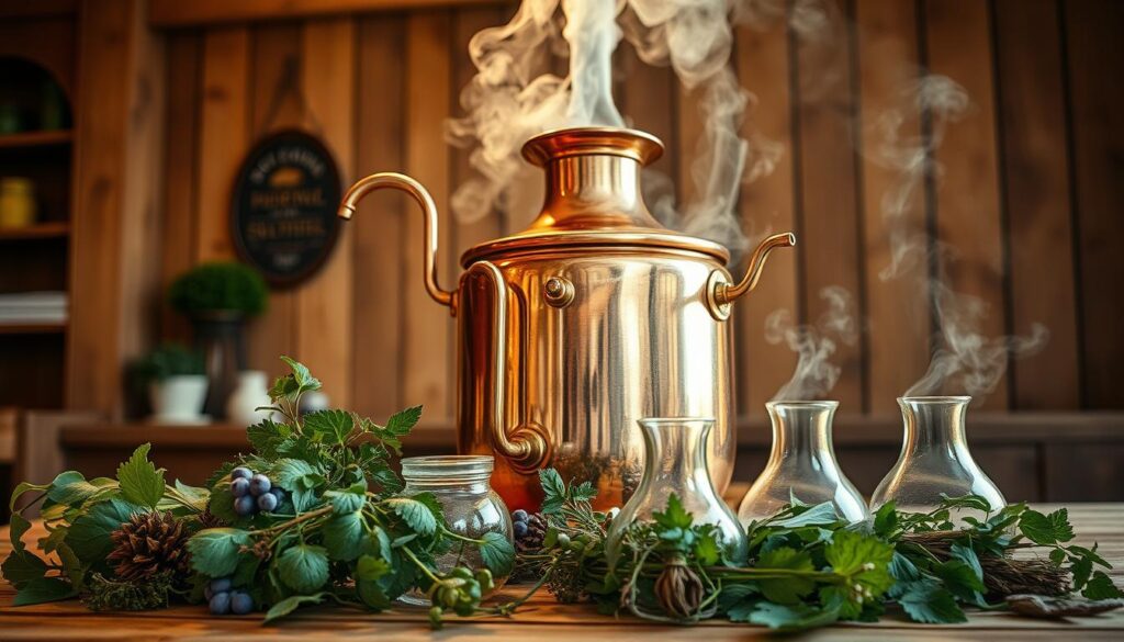 A gleaming copper still set upon a wooden table, steam gently rising from its spout. The interior is illuminated by soft, warm lighting, casting a cozy, artisanal atmosphere. In the foreground, an array of freshly harvested herbs, their vibrant colors and textures contrasting with the metallic surfaces. Delicate glass collection vessels await the precious essential oil distillate. The scene is captured through a wide-angle lens, emphasizing the depth and details of the step-by-step steam distillation process at the heart of home-based essential oil extraction. A gleaming copper still set upon a wooden table, steam gently rising from its spout. The interior is illuminated by soft, warm lighting, casting a cozy, artisanal atmosphere. In the foreground, an array of freshly harvested herbs, their vibrant colors and textures contrasting with the metallic surfaces. Delicate glass collection vessels await the precious essential oil distillate. The scene is captured through a wide-angle lens, emphasizing the depth and details of the step-by-step steam distillation process at the heart of home-based essential oil extraction.