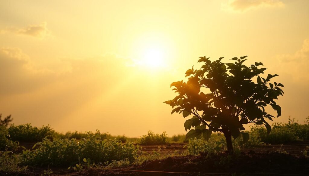 A golden orb of radiant energy, casting a warm, inviting glow across a lush, verdant landscape. Beams of light pierce through wispy, ethereal clouds, illuminating the scene with a natural, almost ethereal luminance. The sun, in its full glory, dominates the sky, its rays caressing the earth below, creating a serene and tranquil atmosphere. The lighting is soft, diffused, and evenly distributed, lending a sense of depth and dimension to the image. The angle captures the sun at its peak, highlighting its sheer power and majesty. This image perfectly encapsulates the ideal conditions for a thriving dwarf fruit tree, nestled in a rich, fertile soil and basking in the life-giving rays of the sun.