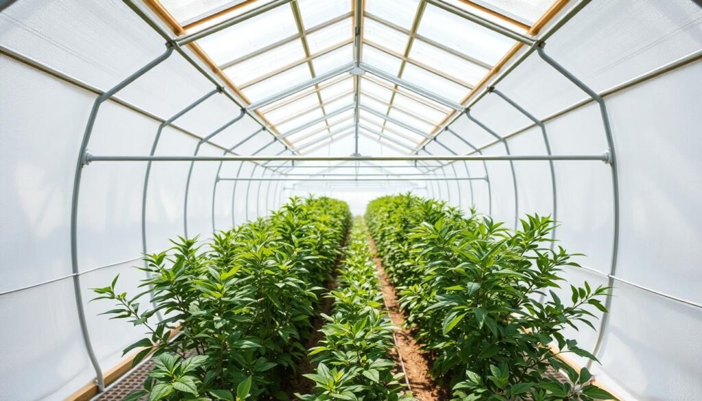 A greenhouse interior with diffused natural lighting from overhead skylights. The middle ground features a variety of thriving plants arranged in rows, their leaves gently swaying. The background showcases the greenhouse's reflective walls, designed to evenly distribute the sunlight and eliminate any visible hot spots. The image has a balanced, harmonious composition with a serene, nurturing atmosphere, highlighting the greenhouse's efficient and plant-friendly lighting design. A greenhouse interior with diffused natural lighting from overhead skylights. The middle ground features a variety of thriving plants arranged in rows, their leaves gently swaying. The background showcases the greenhouse's reflective walls, designed to evenly distribute the sunlight and eliminate any visible hot spots. The image has a balanced, harmonious composition with a serene, nurturing atmosphere, highlighting the greenhouse's efficient and plant-friendly lighting design.