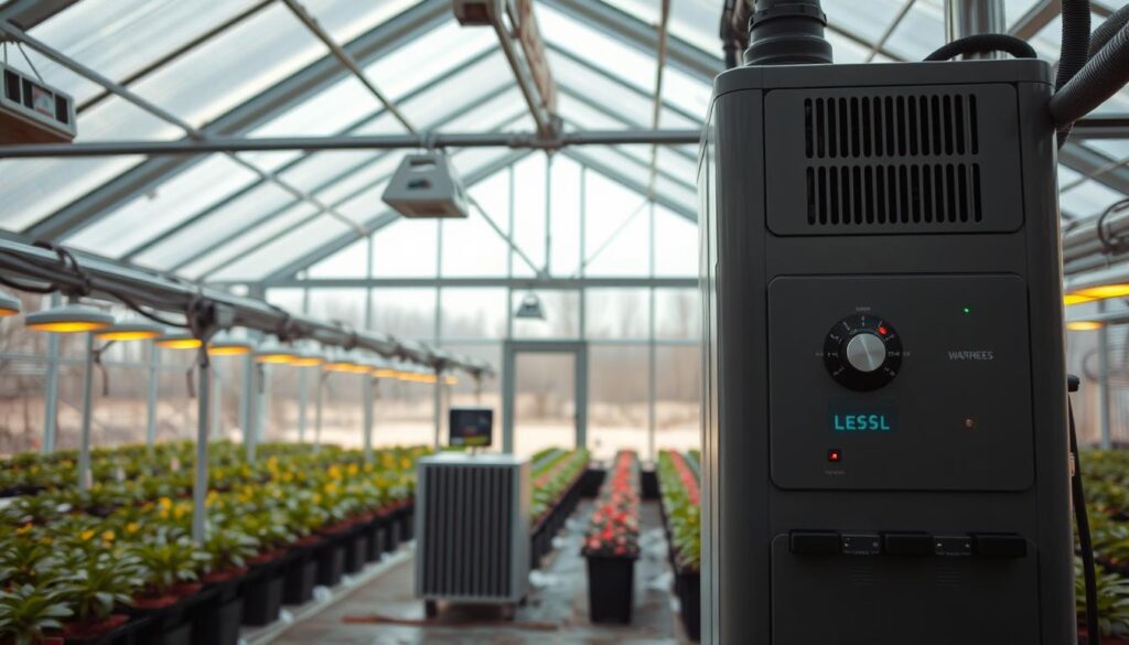 A greenhouse interior with various heating systems prominently displayed. In the foreground, a central heating unit and accompanying thermostat controls take center stage, with warm air vents and radiators visible. In the middle ground, supplemental heating solutions such as infrared lamps and small heaters are installed throughout the space. The background reveals a panoramic view of the greenhouse's architecture, including large windows and skylights that allow natural light to filter in, creating a bright and inviting atmosphere. The overall scene conveys a sense of thoughtful, efficient heating design tailored to the needs of a harsh winter climate.