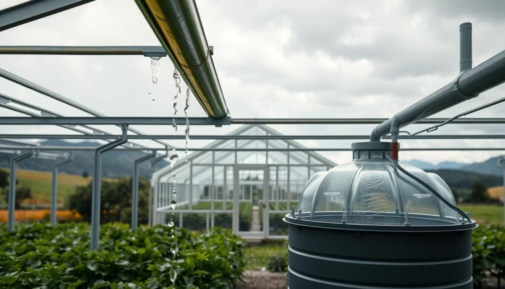 A greenhouse with rainwater collection system, high-quality architectural rendering. Foreground: rain gutters along the roofline, downspouts directing water into a large storage tank. Middle ground: the greenhouse structure, with glass panels and metal frame, surrounded by lush greenery. Background: a tranquil natural landscape, with rolling hills and a cloudy sky. Lighting is soft and diffused, with highlights on the rainwater collection components. The scene conveys a sense of sustainability, efficiency, and harmonious integration with the environment. A greenhouse with rainwater collection system, high-quality architectural rendering. Foreground: rain gutters along the roofline, downspouts directing water into a large storage tank. Middle ground: the greenhouse structure, with glass panels and metal frame, surrounded by lush greenery. Background: a tranquil natural landscape, with rolling hills and a cloudy sky. Lighting is soft and diffused, with highlights on the rainwater collection components. The scene conveys a sense of sustainability, efficiency, and harmonious integration with the environment.