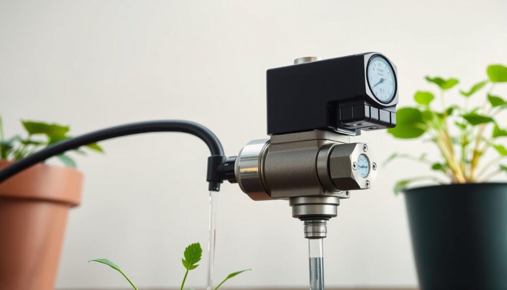 A high-precision solenoid valve controlling an automated drip irrigation system for container plants, set against a neutral backdrop. The valve is rendered in detailed metallic textures, with a sleek, modern design. The system is bathed in soft, directional lighting that emphasizes the mechanical components. The overall mood is one of efficient, elegant automation - a solution to the tedious task of hand-watering. The scene is captured from a low angle, emphasizing the valve's technical sophistication and role in the DIY irrigation setup. A high-precision solenoid valve controlling an automated drip irrigation system for container plants, set against a neutral backdrop. The valve is rendered in detailed metallic textures, with a sleek, modern design. The system is bathed in soft, directional lighting that emphasizes the mechanical components. The overall mood is one of efficient, elegant automation - a solution to the tedious task of hand-watering. The scene is captured from a low angle, emphasizing the valve's technical sophistication and role in the DIY irrigation setup.