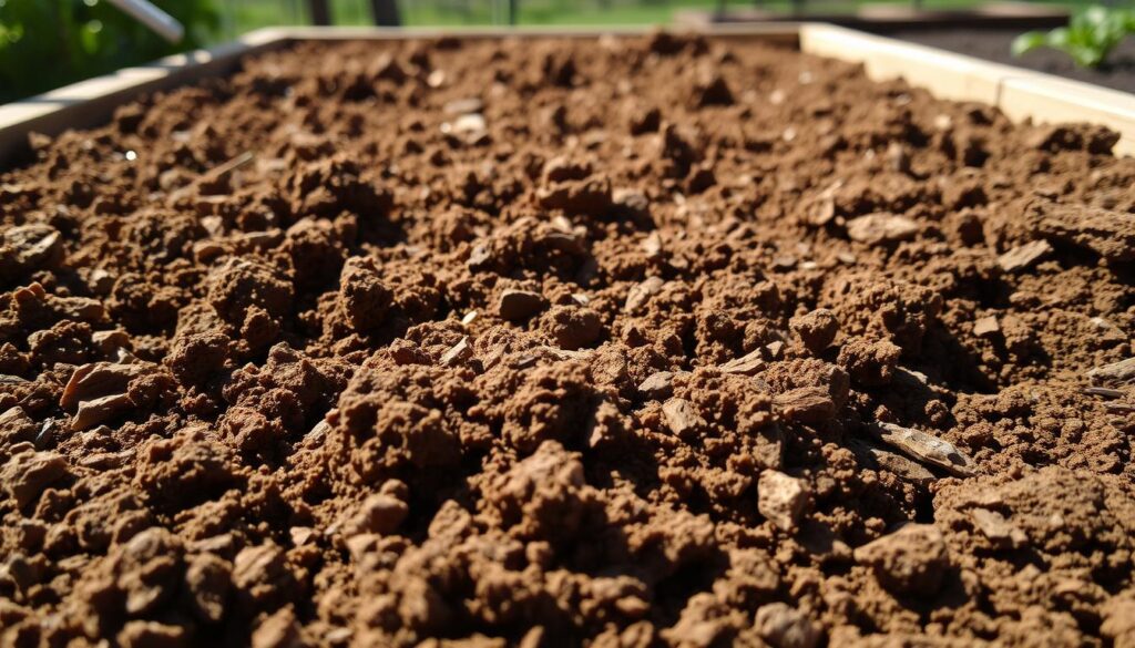 A high-quality, well-structured raised garden bed, filled with a fluffy, nutrient-rich soil mix. The soil is a warm, earthy brown color, with visible organic matter and a crumbly texture. Natural sunlight illuminates the scene, creating soft shadows and highlights. The soil surface is slightly uneven, suggesting a recent cultivation. In the foreground, the soil texture is clearly visible, showcasing its loose, aerated structure. In the middle ground, the soil depth reveals a layered composition, with different amendments mixed throughout. The background shows the raised bed's sturdy wooden frame, adding context and a sense of scale. An overall natural, gardening-inspired atmosphere pervades the scene. A high-quality, well-structured raised garden bed, filled with a fluffy, nutrient-rich soil mix. The soil is a warm, earthy brown color, with visible organic matter and a crumbly texture. Natural sunlight illuminates the scene, creating soft shadows and highlights. The soil surface is slightly uneven, suggesting a recent cultivation. In the foreground, the soil texture is clearly visible, showcasing its loose, aerated structure. In the middle ground, the soil depth reveals a layered composition, with different amendments mixed throughout. The background shows the raised bed's sturdy wooden frame, adding context and a sense of scale. An overall natural, gardening-inspired atmosphere pervades the scene.
