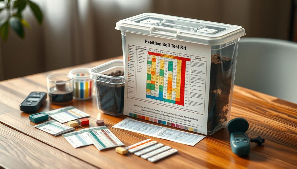 A highly detailed, photorealistic image of a soil test kit placed on a wooden table. The kit features a clear plastic container filled with soil samples, a color-coded chart, and various testing tools such as pH meters and test strips. The lighting is soft and natural, creating a warm, informative atmosphere. The camera angle is slightly elevated, providing a clear view of the kit's components. The background is blurred, keeping the focus on the subject. The overall scene conveys a sense of precision, scientific inquiry, and the potential for an at-home solution to professional-grade soil analysis. A highly detailed, photorealistic image of a soil test kit placed on a wooden table. The kit features a clear plastic container filled with soil samples, a color-coded chart, and various testing tools such as pH meters and test strips. The lighting is soft and natural, creating a warm, informative atmosphere. The camera angle is slightly elevated, providing a clear view of the kit's components. The background is blurred, keeping the focus on the subject. The overall scene conveys a sense of precision, scientific inquiry, and the potential for an at-home solution to professional-grade soil analysis.